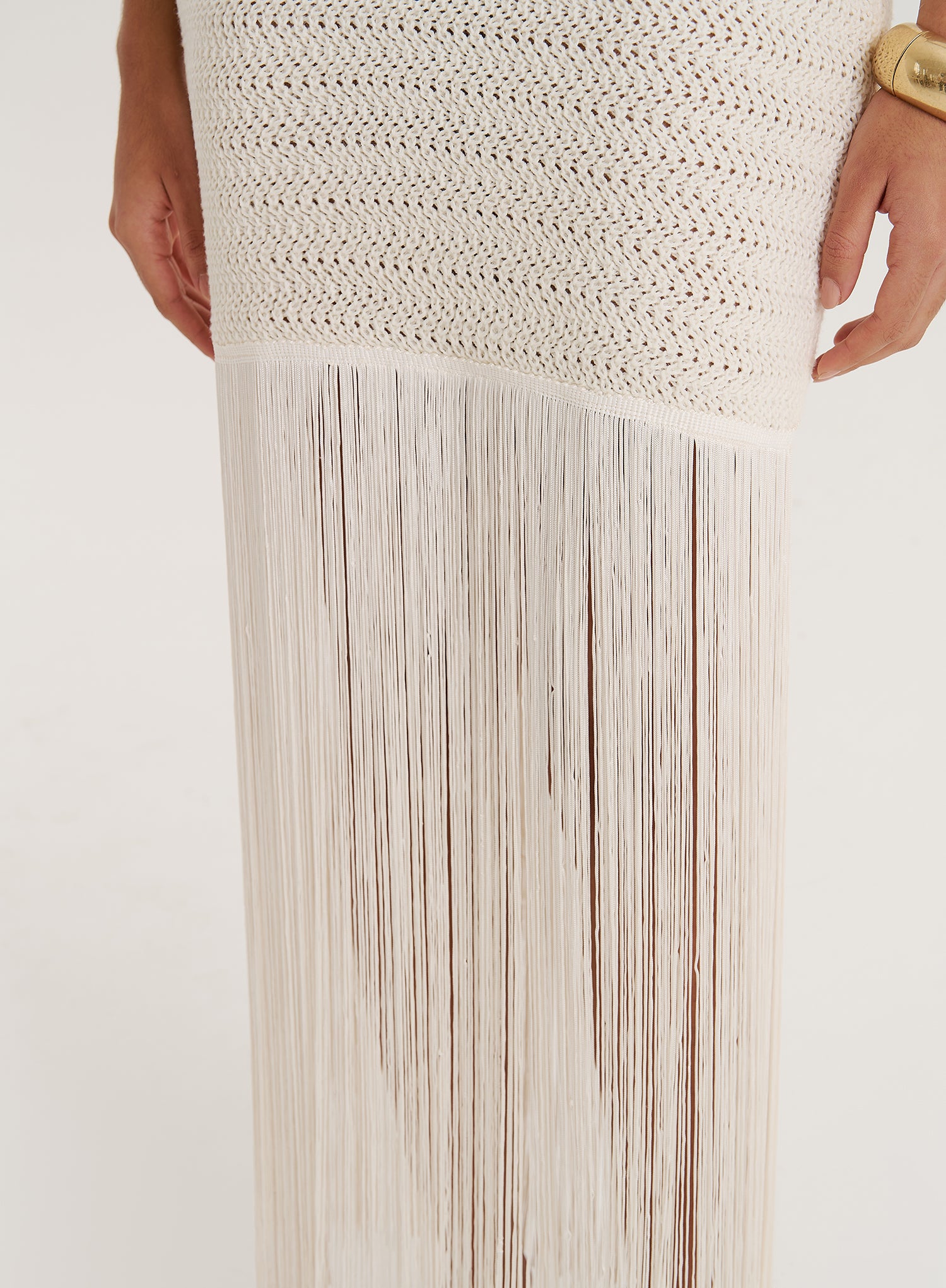 Cream Knitted Fringe Trim Dress